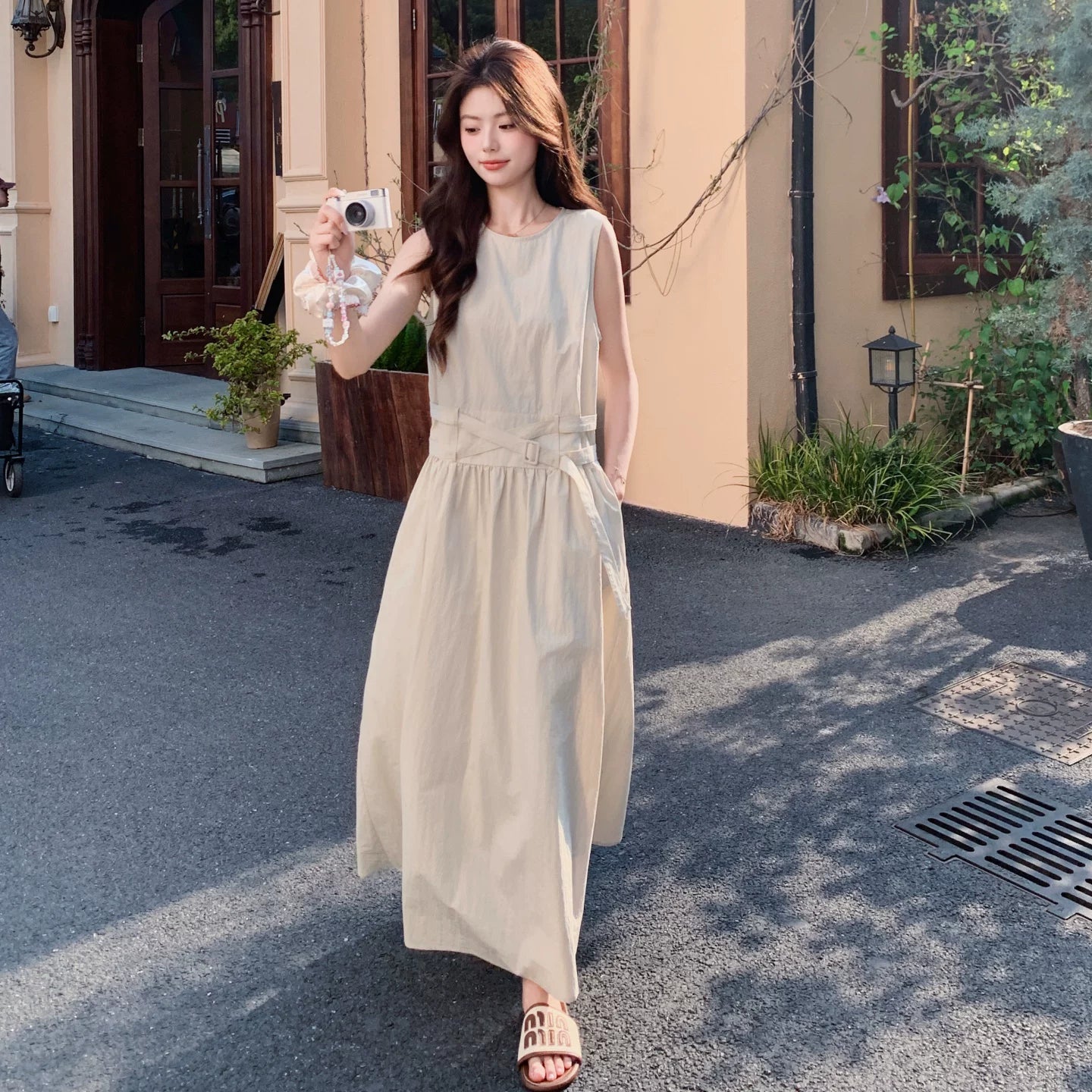 【ワンピース】ロング丈 ノースリーブワンピース フレンチスタイル ウエストマーク 大きいサイズ 着痩せ 体型カバー リゾート 上品【JZシリーズ】