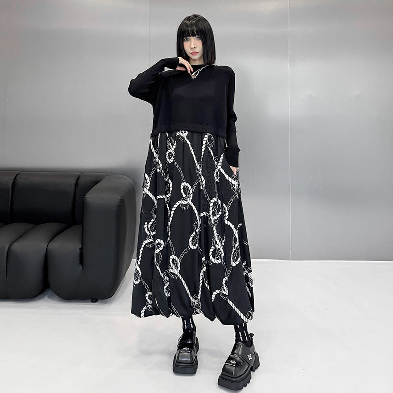 【24AW】【ワンピース】切り替え ニット プリント ワンピース【AHシリーズ】