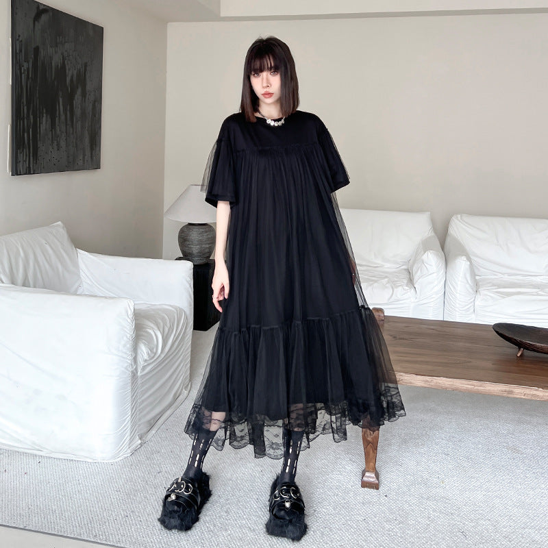【ワンピース】モード系 チュール切替ワンピース レディース 春夏 ゆったり 半袖 ロング丈 体型カバー カジュアル【AHシリーズ】