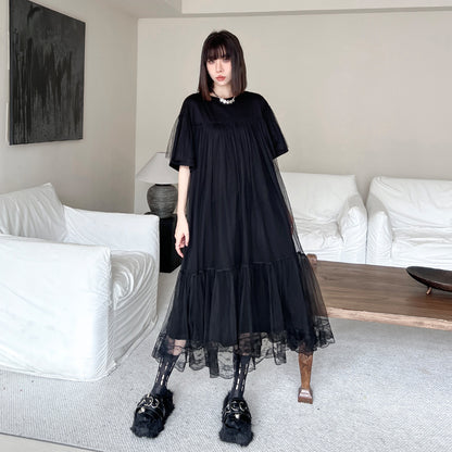 【ワンピース】モード系 チュール切替ワンピース レディース 春夏 ゆったり 半袖 ロング丈 体型カバー カジュアル【AHシリーズ】
