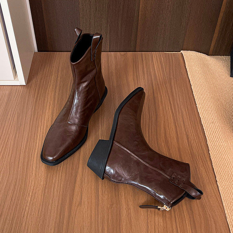 【シューズ】春 秋 冬 ポイントトゥ カウボーイブーツ チャンキーヒール ショートブーツ 【JZシリーズ】