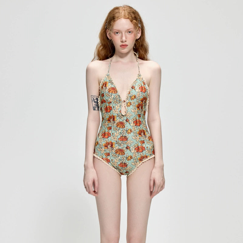 【グッズ】夏 花柄 ホルターネック ワンピース水着 リゾート・温泉・ビーチ用 レディース水着 【SHシリーズ】