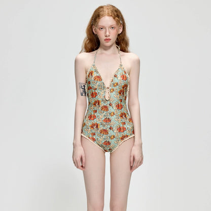 【グッズ】夏 花柄 ホルターネック ワンピース水着 リゾート・温泉・ビーチ用 レディース水着 【SHシリーズ】