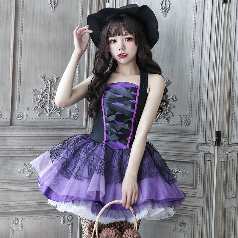 【ハロウィン】コスプレ ウィッチ ブラックデス ヴァンパイア 魔女 リボン クモの巣 レディース 衣装