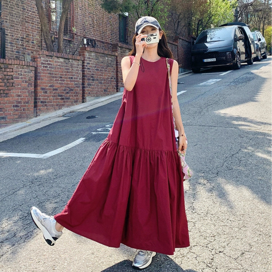 【ワンピース】夏新作 ゆったりシルエット 高級感 体型カバー抜群 ノースリーブワンピース