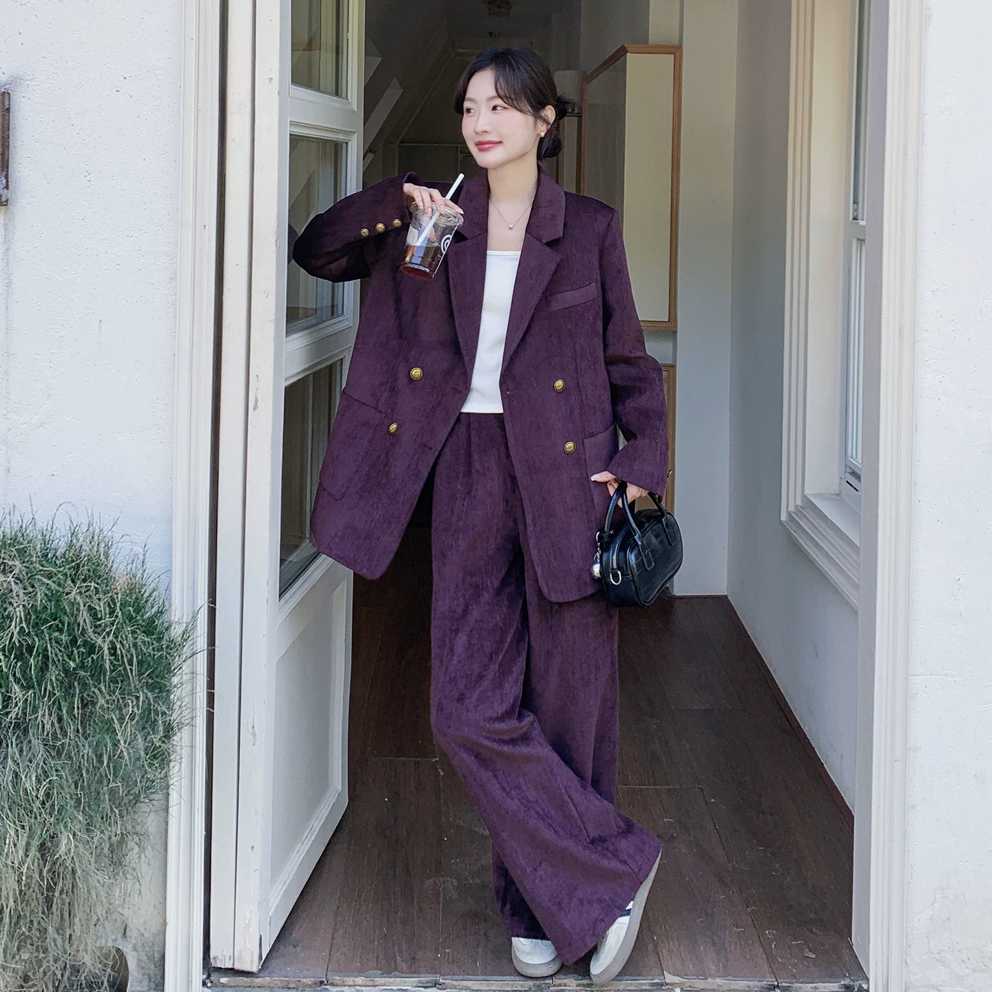 2点セット！【セットアップ】ライトラグジュアリー コーデュロイ 上下セット 2026春新作 ダブルブレスト ジャケット＆ワイドパンツ レディース【JZシリーズ】