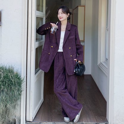 2点セット！【セットアップ】ライトラグジュアリー コーデュロイ 上下セット 2026春新作 ダブルブレスト ジャケット＆ワイドパンツ レディース【JZシリーズ】