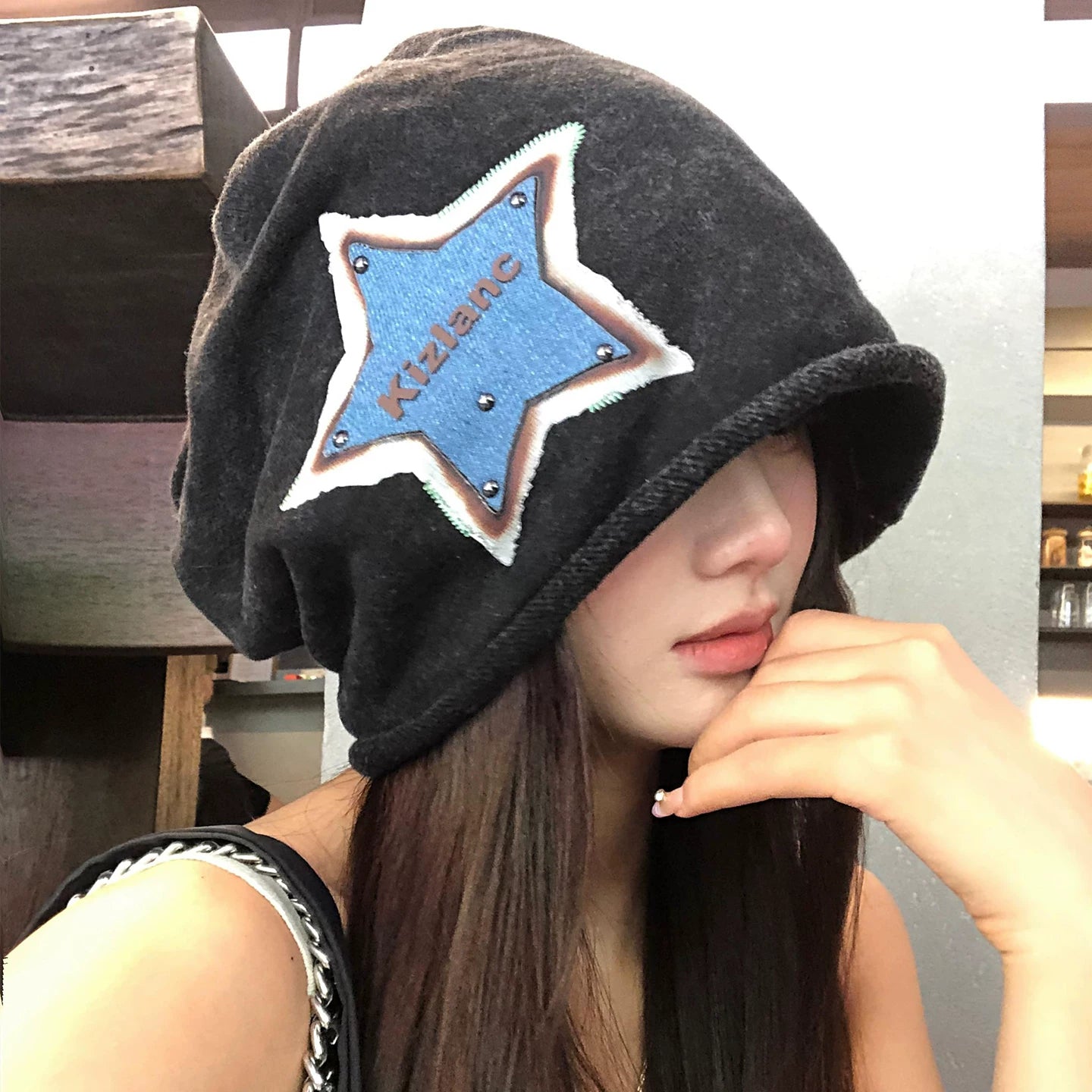 【グッズ】アメリカンレトロ ⭐星柄 ニットキャップ 秋冬 大きめサイズ 小顔効果 レディース ハット