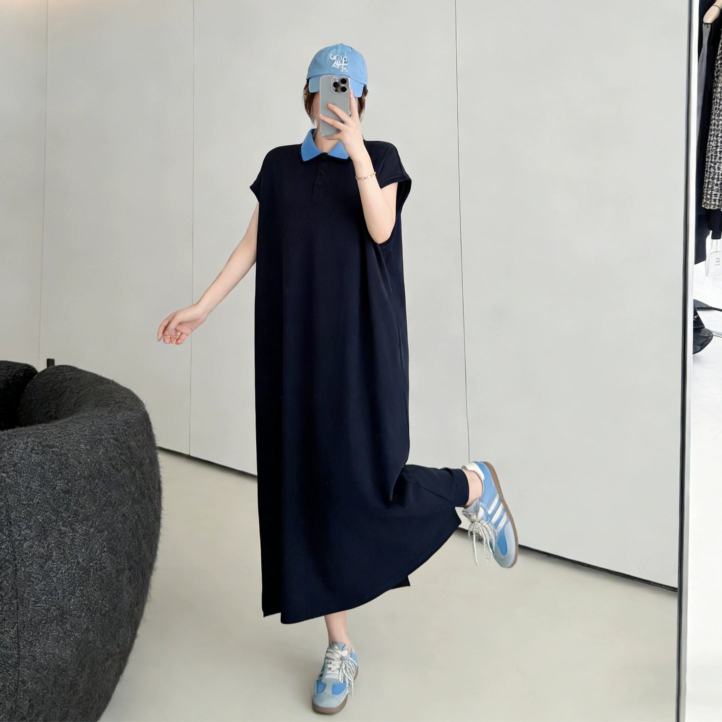【ワンピース】配色デザインが映える✨襟付き ワンピース 半袖 ロング丈 韓国風 大きいサイズ ゆったり 体型カバー【JZシリーズ】