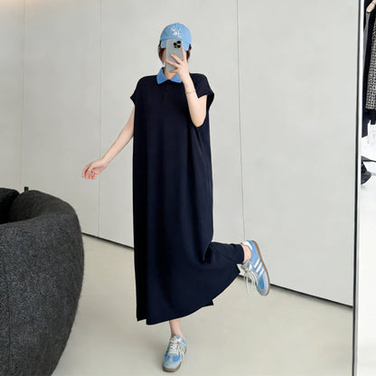 【ワンピース】配色デザインが映える✨襟付き ワンピース 半袖 ロング丈 韓国風 大きいサイズ ゆったり 体型カバー【JZシリーズ】
