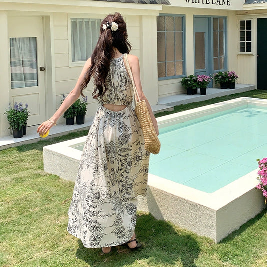 【ワンピース】フレンチ高級感 水墨画風プリント ホルターオフショル ノースリーブワンピース【SHシリーズ】