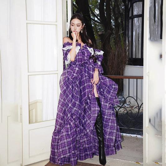 【ワンピース】特別な日にちょうどいい一枚⭐チェック柄ロングワンピース ふんわり大フレア 気質アップ ロング丈 半袖 フォトジェニック 旅行コーデ 成人式・誕生日ドレス【SHシリーズ】