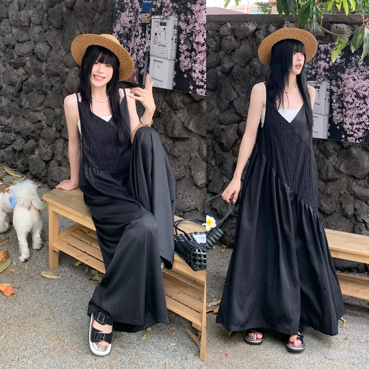 【ボトムス】ダークモード サロペット レディース 夏 ワイドパンツ ゆったり 体型カバー 切替デザイン オールインワン 人気 モード系【SHシリーズ】