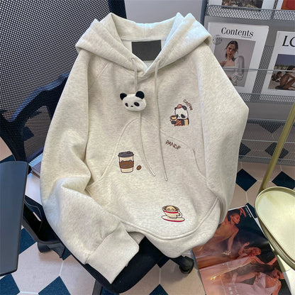 【トップス】🐼 韓国風 カートゥーン パンダ刺繍 フード付きパーカー レディース 秋 ゆったり【FCシリーズ】
