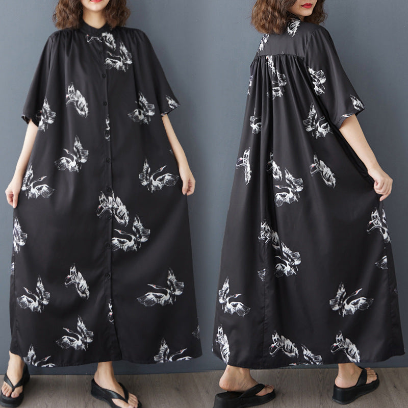 【ワンピース】白鶴の柄 レトロ ゆったりサイズ スタンドカラー 半袖 ロング シャツワンピース 大きいサイズ【SHシリーズ】