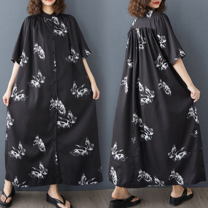 【ワンピース】白鶴の柄 レトロ ゆったりサイズ スタンドカラー 半袖 ロング シャツワンピース 大きいサイズ【SHシリーズ】