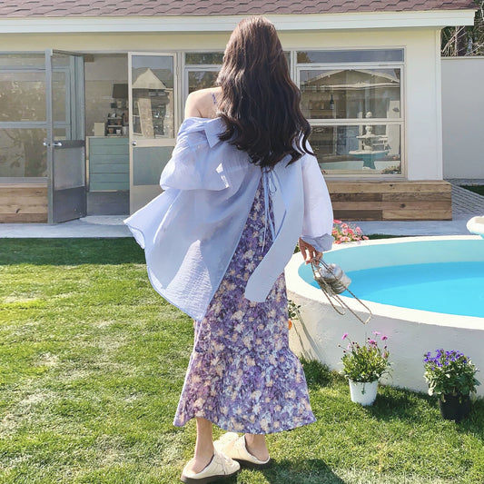 2点セット！【セットアップ】パープル 花柄 キャミワンピース シャツ付き 2点セット フレンチレトロ 日焼け対策 ロングワンピース【SHシリーズ】