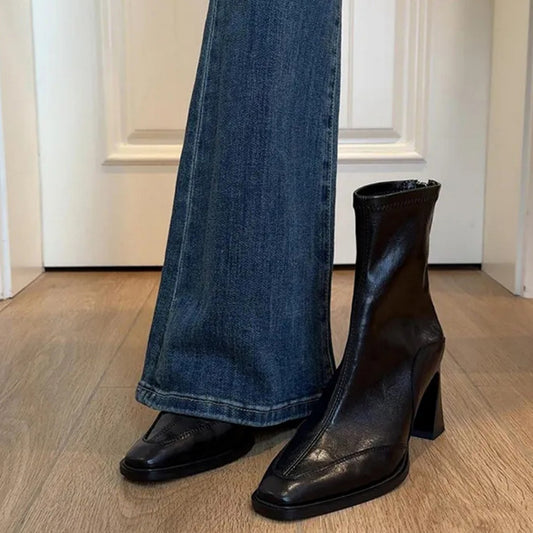 【シューズ】ショート 太めヒール 春 秋 冬 スリムブーツ  【JZシリーズ】