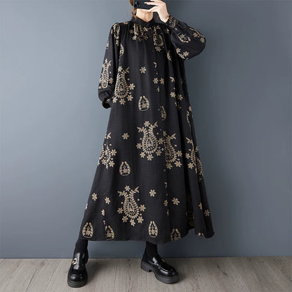 【ワンピース】プリント切替 長袖 シャツワンピース スタンドカラー ゆったり 大きいサイズ ミディ丈 レディース【SHシリーズ】