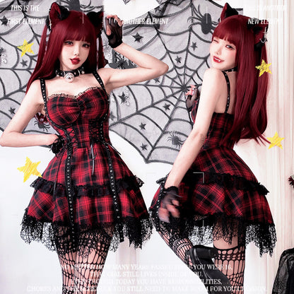 【ハロウィン】ゴシック ロリータ ドレス レディース ヤンキー系 Y2K レッド×ブラック レース 甘辛ミックス ステージ衣装