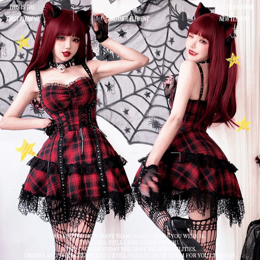 【ハロウィン】ゴシック ロリータ ドレス レディース ヤンキー系 Y2K レッド×ブラック レース 甘辛ミックス ステージ衣装