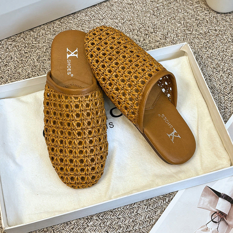 【シューズ】フレンチレトロ 編みデザイン つま先あり バブーシュ 外履き対応 通気性サンダル