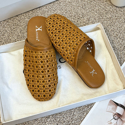 【シューズ】フレンチレトロ 編みデザイン つま先あり バブーシュ 外履き対応 通気性サンダル