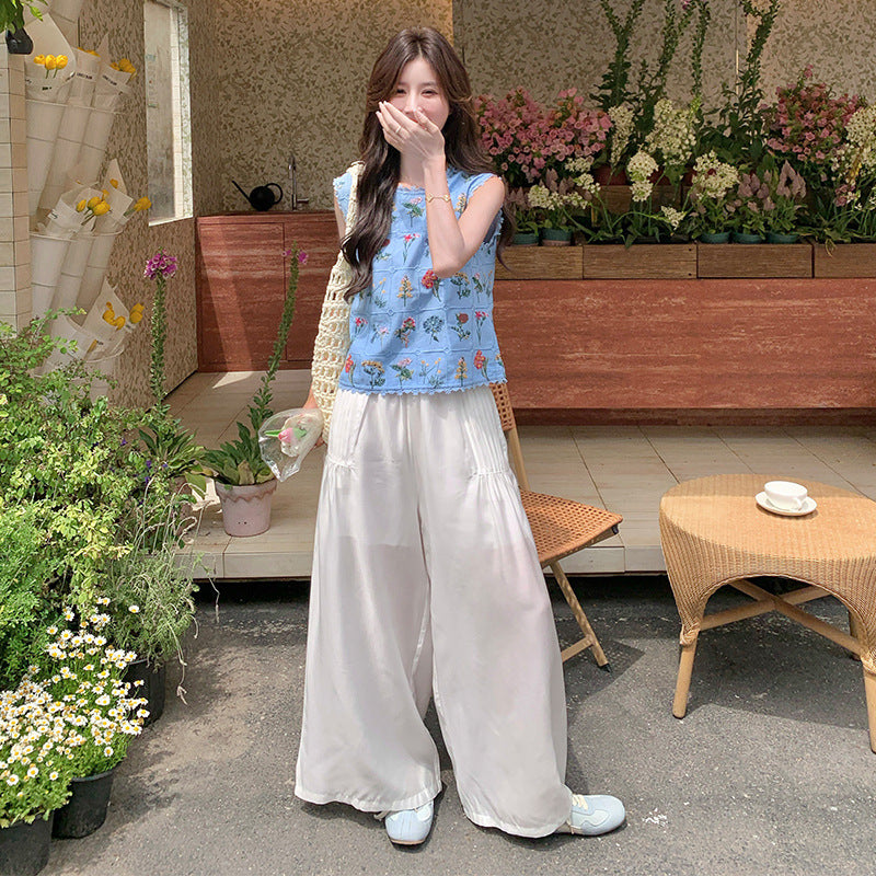 2点セット！【セットアップ】フレンチレトロ 重厚感フラワー刺繍 ノースリーブブラウス＋ワイドパンツ 上下セット【SHシリーズ】