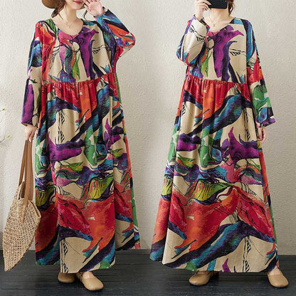 60%OFF⭐️期間限定【ワンピース】厚手 花柄 プリント 丸首 ゆったり 大きいサイズ 体型カバー 文芸風 リゾート 長袖 ロングワンピース【SHシリーズ】