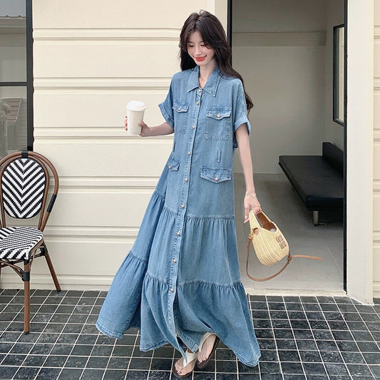 【ワンピース】デザイン感デニムワンピース レディース 天丝素材 半袖 ロング丈 韓国風 夏【JZシリーズ】