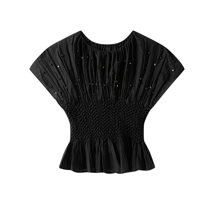 【トップス】夏 ビジュー付き プリーツデザイン クルーネック ブラウス 【SHシリーズ】
