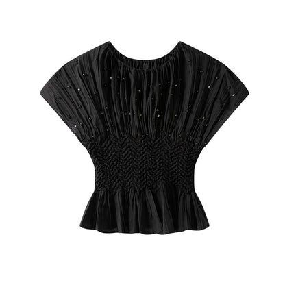 【トップス】夏 ビジュー付き プリーツデザイン クルーネック ブラウス 【SHシリーズ】