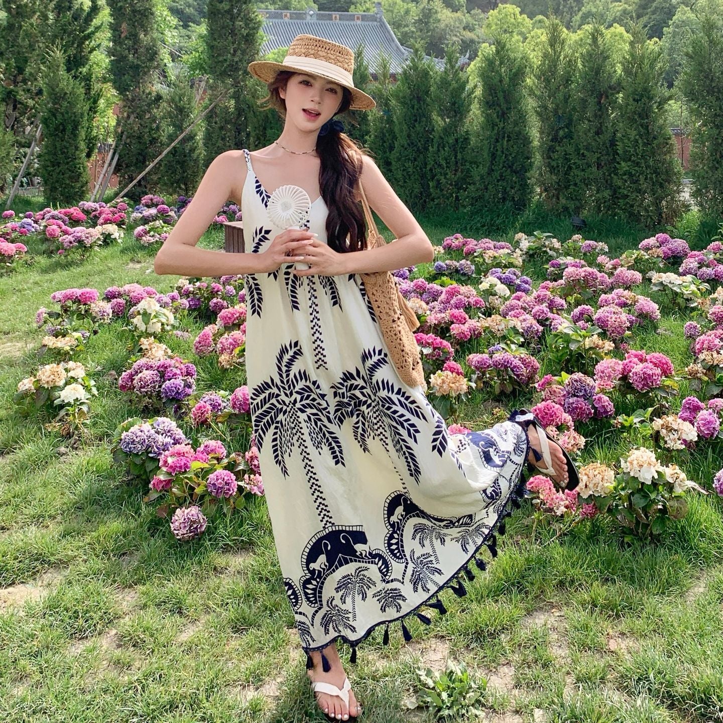 【ワンピース】ボヘミアン 民族風 プリント バカンス Vネック ノースリーブワンピース【SHシリーズ】