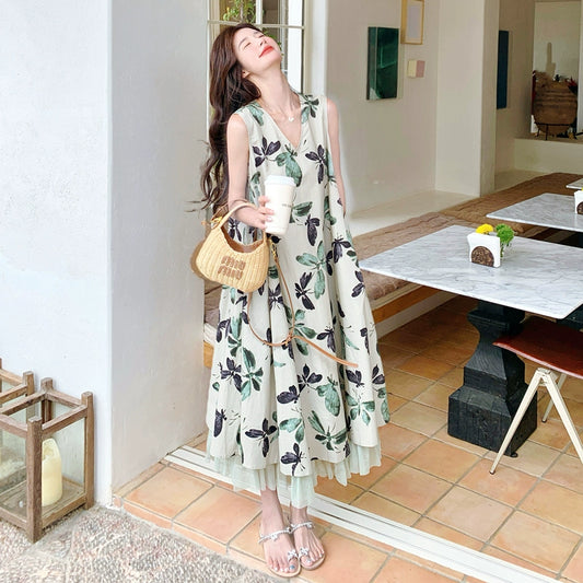 【ワンピース】海辺のリゾート風 独特なプリント ロマンチックな雰囲気 ノースリーブワンピース【SHシリーズ】】