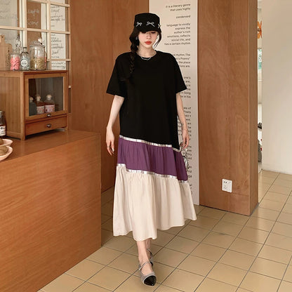期間限定⭐️60%OFF【ワンピース】レイヤード風 切り替えデザイン 配色デザイン ロング丈 半袖 ワンピース 【SHシリーズ】