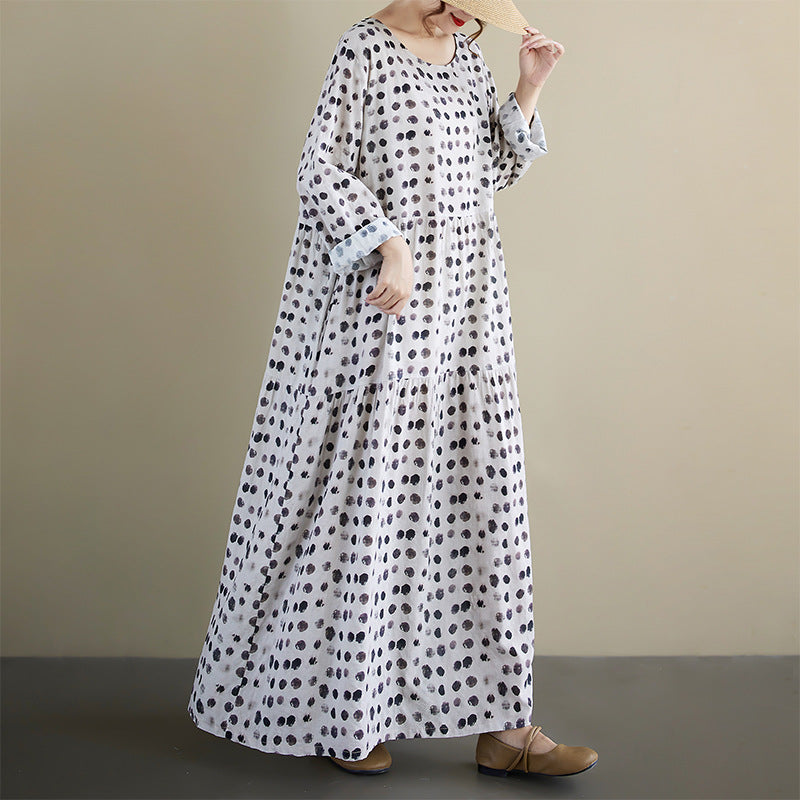 【ワンピース】レトロドット柄プリーツワンピース レディース 秋新作 長袖 クルーネック ゆったり 大人可愛い【SHシリーズ】