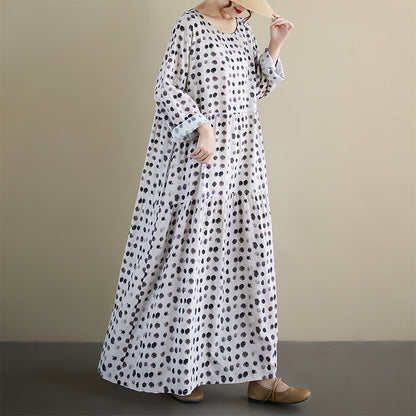 【ワンピース】レトロドット柄プリーツワンピース レディース 秋新作 長袖 クルーネック ゆったり 大人可愛い【SHシリーズ】