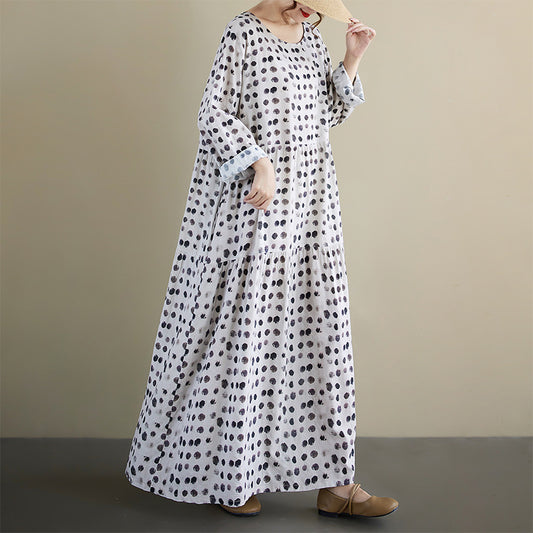 【ワンピース】レトロドット柄プリーツワンピース レディース 秋新作 長袖 クルーネック ゆったり 大人可愛い【SHシリーズ】