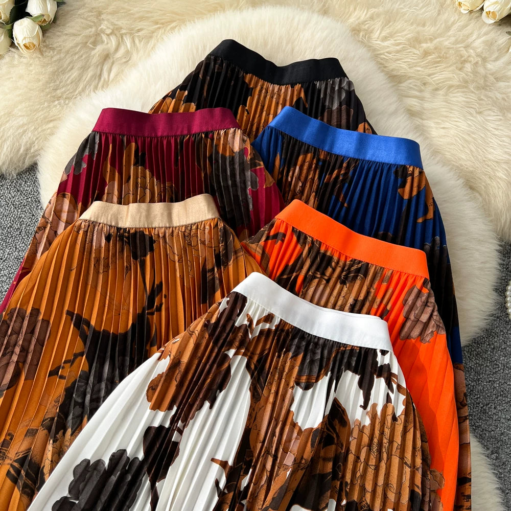 期間限定🍂60%OFF【ボトムス】レトロプリントAラインプリーツロングスカート レディース ハイウエスト 個性派デザイン きれいめ 通勤 大人っぽい【SHシリーズ】