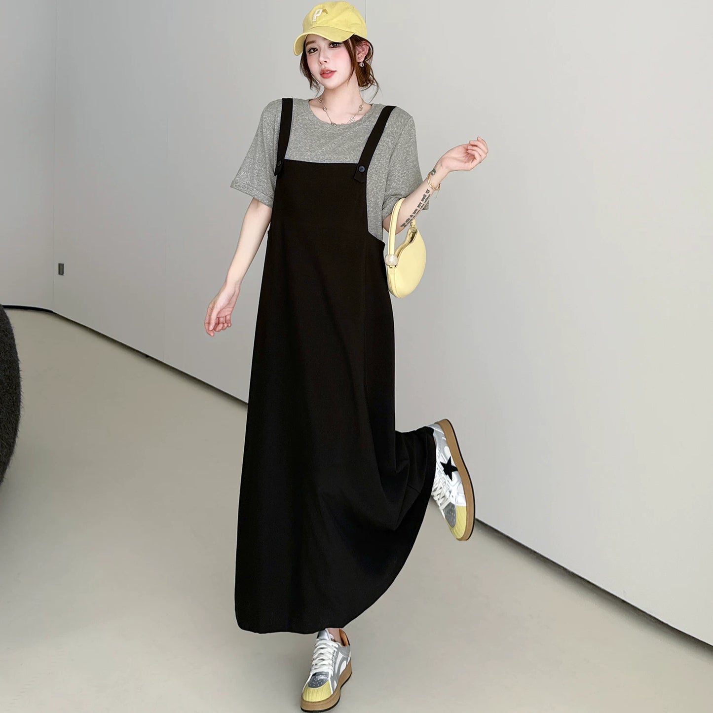 【ワンピース】これ1枚でコーデ完成✨フェイクレイヤード ワンピース 半袖 ロング丈 ゆったり 体型カバー 夏ワンピ【JZシリーズ】