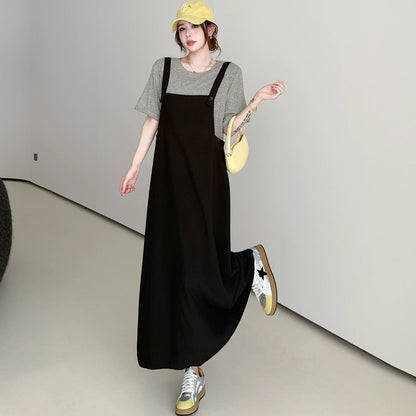 【ワンピース】これ1枚でコーデ完成✨フェイクレイヤード ワンピース 半袖 ロング丈 ゆったり 体型カバー 夏ワンピ【JZシリーズ】