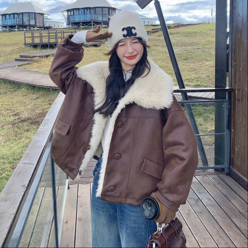 【アウター】おしゃれ キャメル色 大きめファー付きショートダウンコート 2025冬 アメリカンヴィンテージ風 小柄向け 厚手 保温コート レディース【JZシリーズ】
