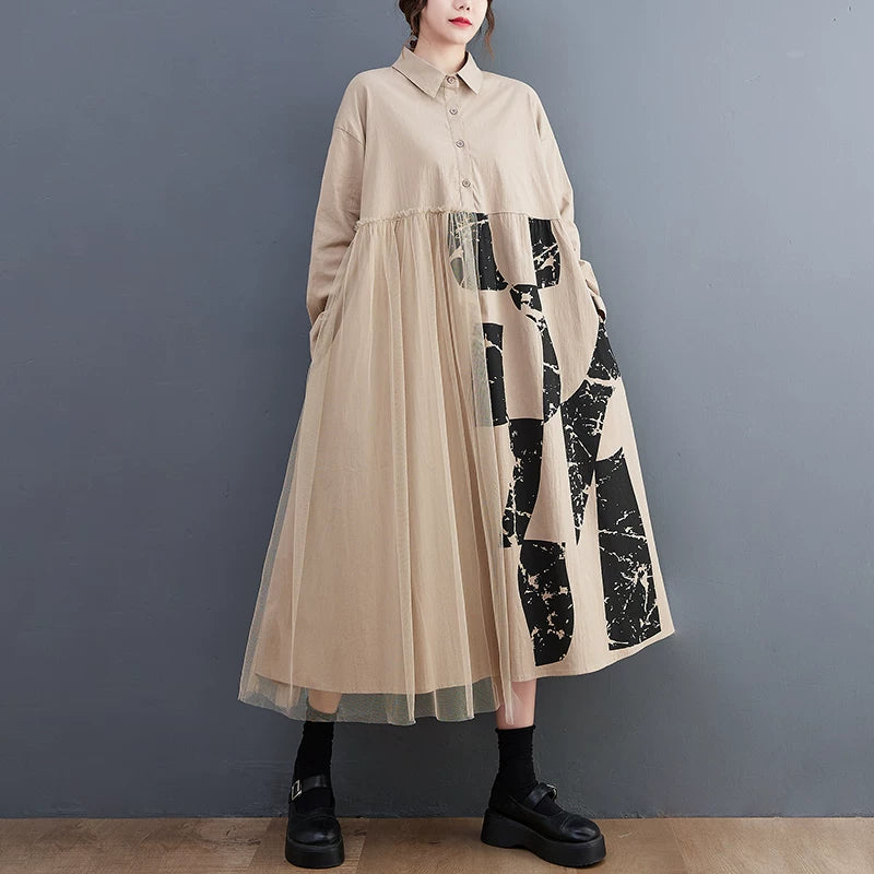 【ワンピース】ゆったり 大きいサイズ チュール切替 ミディ丈ワンピース 文芸レトロ 長袖 レディース レイヤード風 ロングドレス【SHシリーズ】