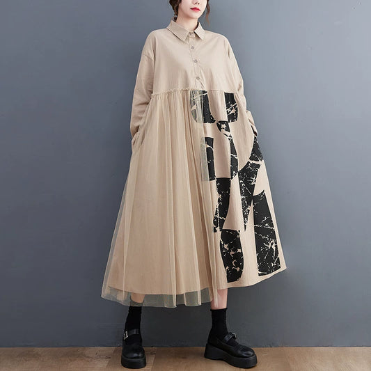 【ワンピース】ゆったり 大きいサイズ チュール切替 ミディ丈ワンピース 文芸レトロ 長袖 レディース レイヤード風 ロングドレス【SHシリーズ】