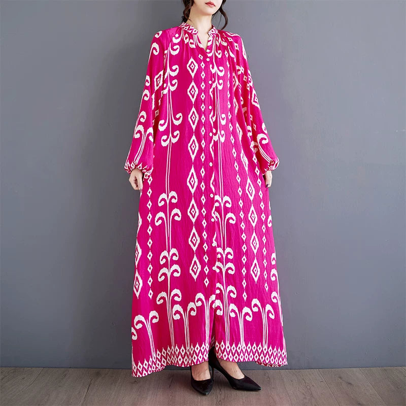 【ワンピース】ゆったり 文芸風 ファッション プリント切替 立襟 カジュアル 長袖ワンピース
 レディース ロング丈【SHシリーズ】