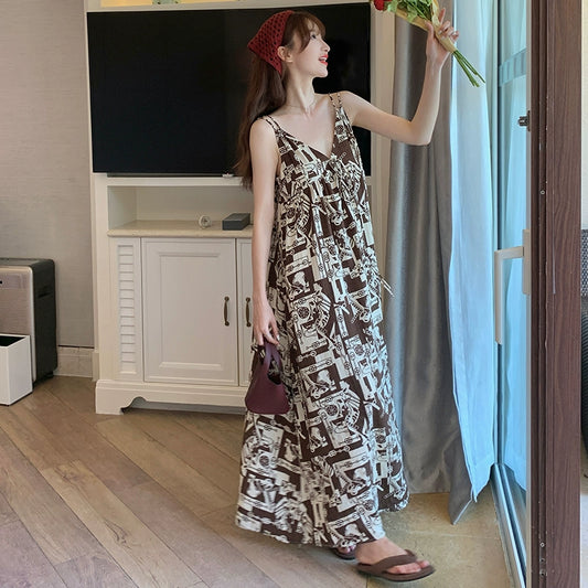 【ワンピース】夏新作 フレンチVネック シフォン小花柄 ノースリーブワンピース 体型カバー リゾート映えアイテム【SHシリーズ】