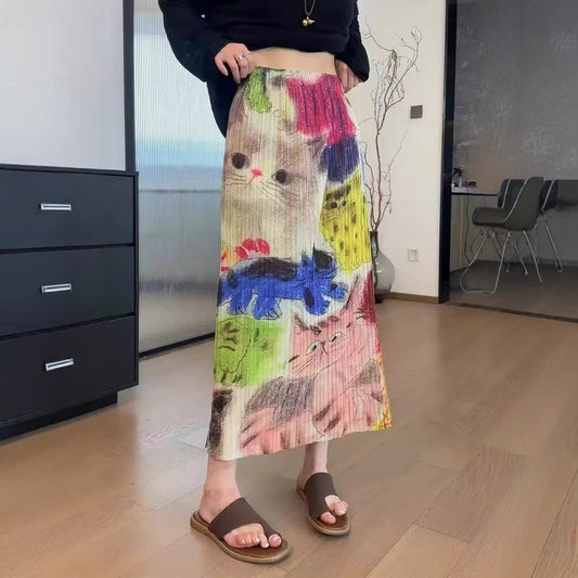 【ボトムス】夏 シンプル＆ベーシック 高ウエストデザイン キャラクター猫プリント プリーツスカート【SHシリーズ】