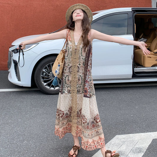 【ワンピース】ボヘミアン風 花柄ワンピース レディース ノースリーブ リゾートスタイル ゆったり ロング丈【SHシリーズ】