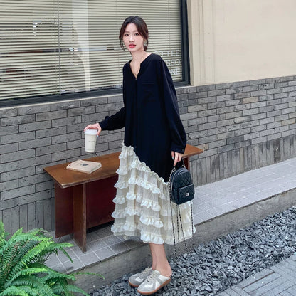 【ワンピース】アシンメトリー フリル レース 切り替えし カジュアル 長袖ワンピース【JZシリーズ】