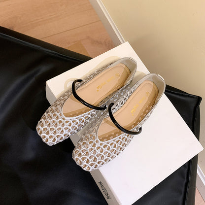 【シューズ】編み込みデザイン スクエアトゥ ワンストラップ バレエシューズ サンダル